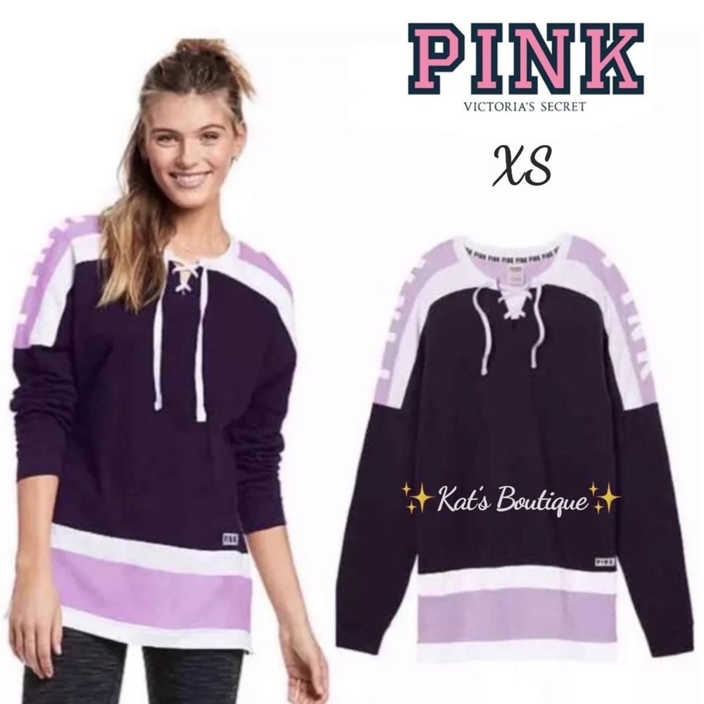 (NWT) Victoria’s Secret PINK Lace-UP Varsity Graphic Crew Plum/Purple Petal, XS